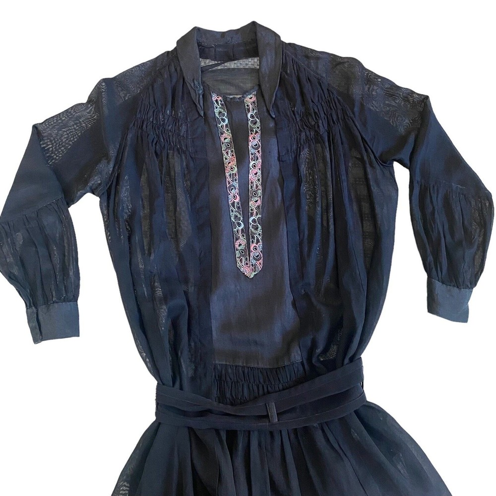 Vintage ( Wednesday Adams ) Sheer Black Linen Drop Waist Goth Embroidered Dress